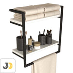 Load image into Gallery viewer, رف حمام جداري معدني أسود مع رفوف بيضاء للمناشف والإكسسوارات
Black metal wall-mounted bathroom shelf with white shelves for towels and accessories