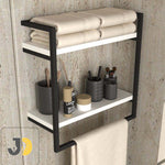 Load image into Gallery viewer, رف حمام جداري معدني أسود مع رفوف بيضاء للمناشف والإكسسوارات
Black metal wall-mounted bathroom shelf with white shelves for towels and accessories