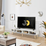 Load image into Gallery viewer, طاولة تلفاز بيضاء بتصميم اسكندنافي أنيق وأرجل خشبية طبيعية. مثالية لغرف المعيشة العصرية والمنظمة.
Elegant Scandinavian-style white TV stand with wooden legs, perfect for modern living rooms.