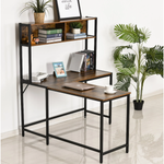 Load image into Gallery viewer, مكتب زاوية خشبي بإطار معدني ورفوف تخزين في مكتب منزلي
L-shaped wooden desk with metal frame and storage shelves in home office