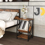 Load image into Gallery viewer, طاولة جانبية خشبية معدنية بثلاث رفوف بجانب سرير في غرفة عصرية
Wood and metal side table with three shelves beside a bed in a modern room