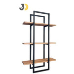 Load image into Gallery viewer, رف جداري معدني أسود بثلاثة رفوف خشبية عصرية | Modern Black Metal Wall Shelf with Three Wooden Tiers