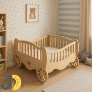 سرير أطفال خشبي على شكل عربة خيالية بتفاصيل أنيقة – Wooden baby crib shaped like a fairy-tale carriage with elegant details