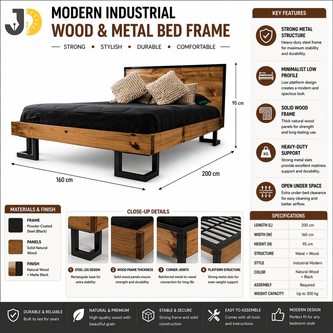 Industrial Wood Bed Frame with Metal Legs