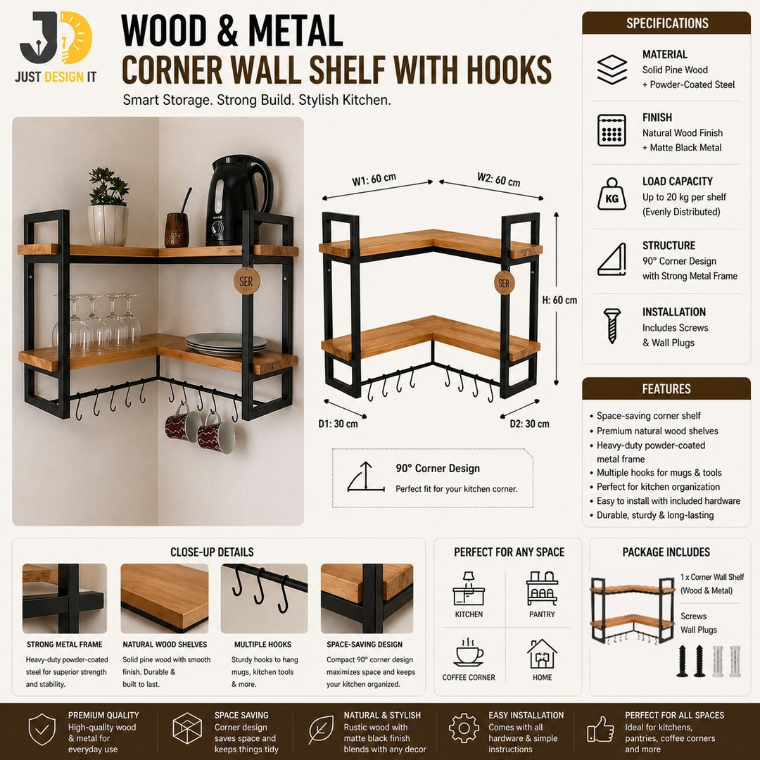 Wood and Metal Corner Wall Shelf with Hooks for Kitchen