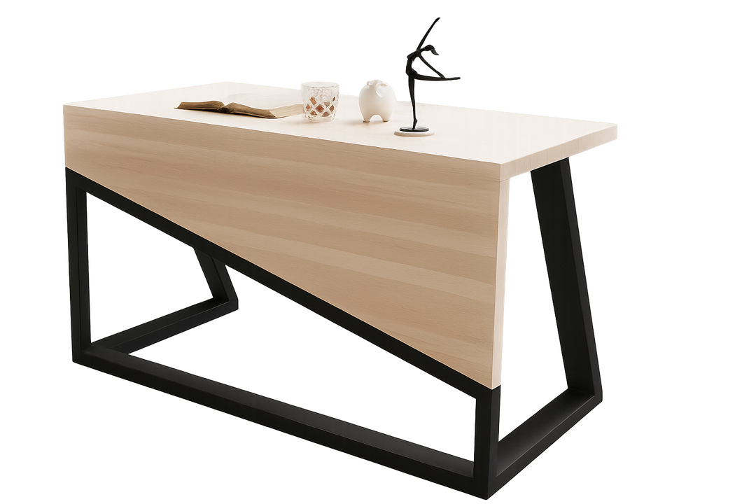 مكتب عصري ذو سطح خشبي وقاعدة معدنية سوداء