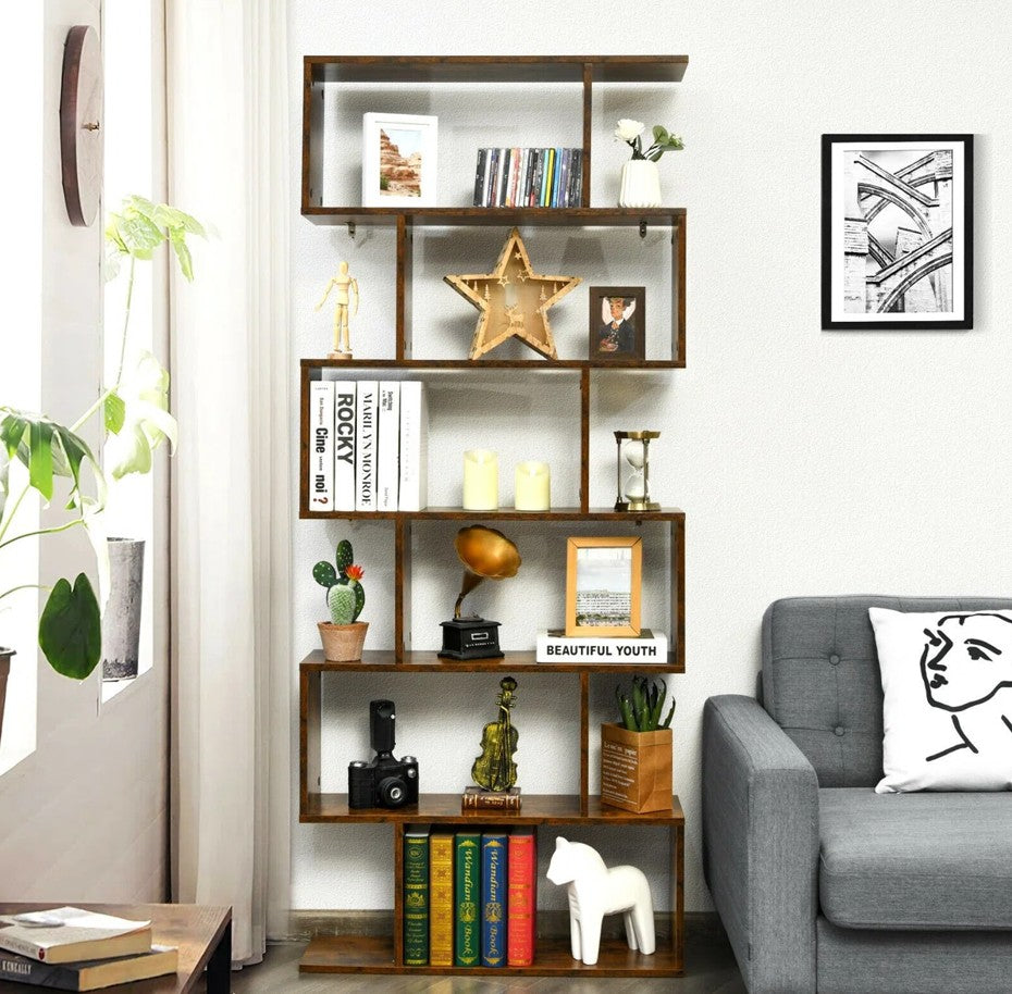 رف مكتبي خشبي هندسي بني داكن لتنظيم الملفات والديكور في مكتب حديث
Dark brown geometric wooden office bookshelf for organized modern workspace