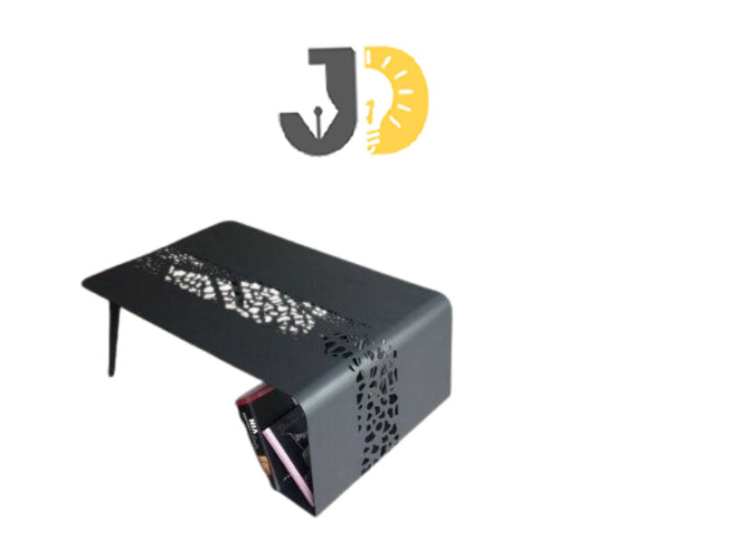 طاولة قهوة معدنية سوداء بتصميم مفرغ عصري مع مساحة تخزين جانبية
Modern black metal coffee table with artistic cutout design and side storage