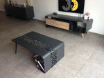 Load image into Gallery viewer, طاولة قهوة معدنية سوداء بتصميم مفرغ عصري مع مساحة تخزين جانبية
Modern black metal coffee table with artistic cutout design and side storage
