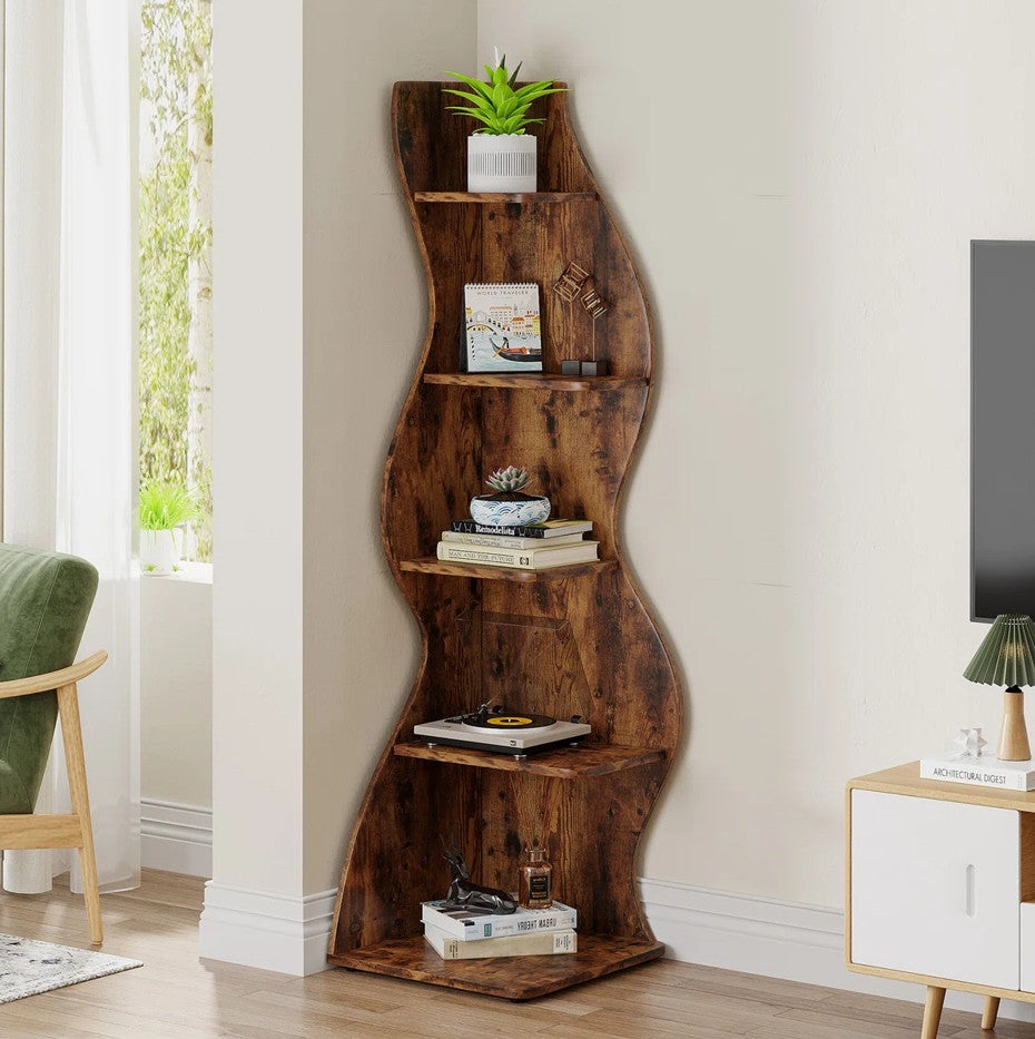 Elegant Wave-Shaped Wooden Corner Shelf Unit