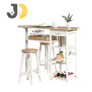 White Wood Bar Table Set with Shelves and 2 Stools