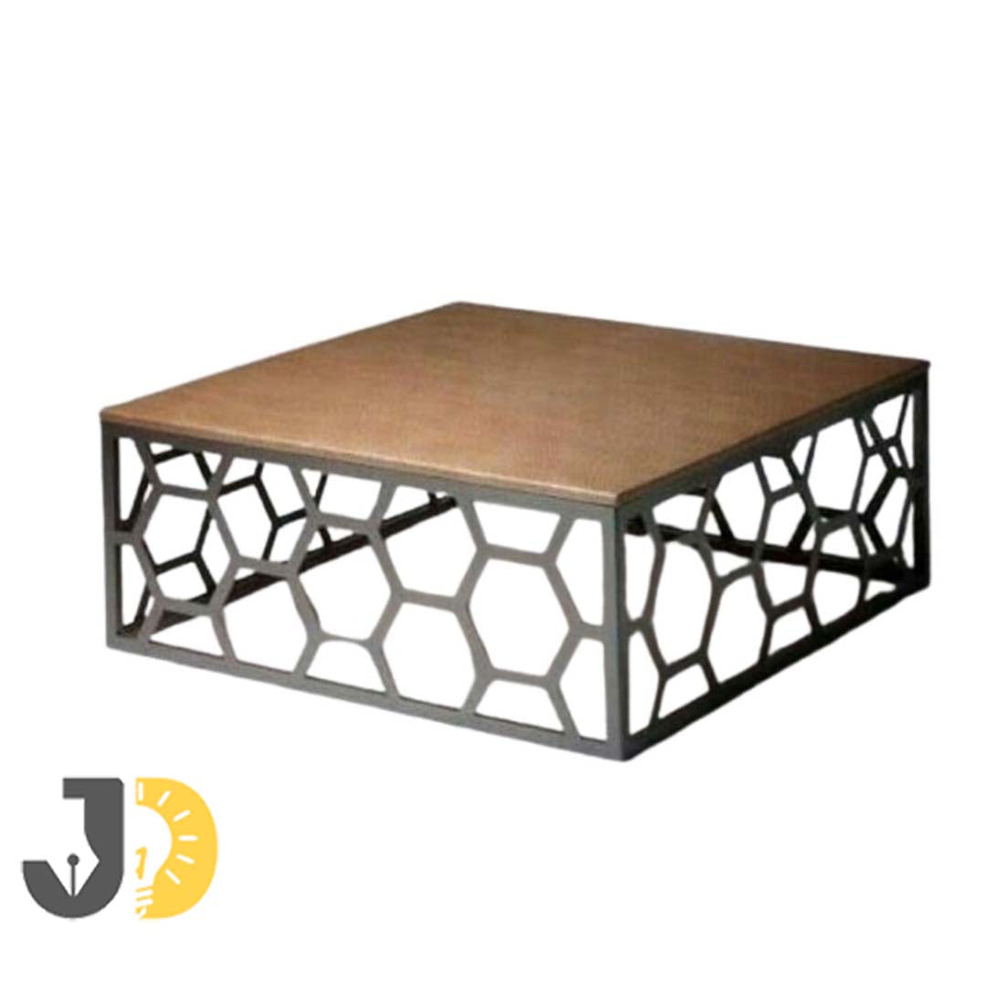 Square Wood and Metal Coffee Table with Geometric Design