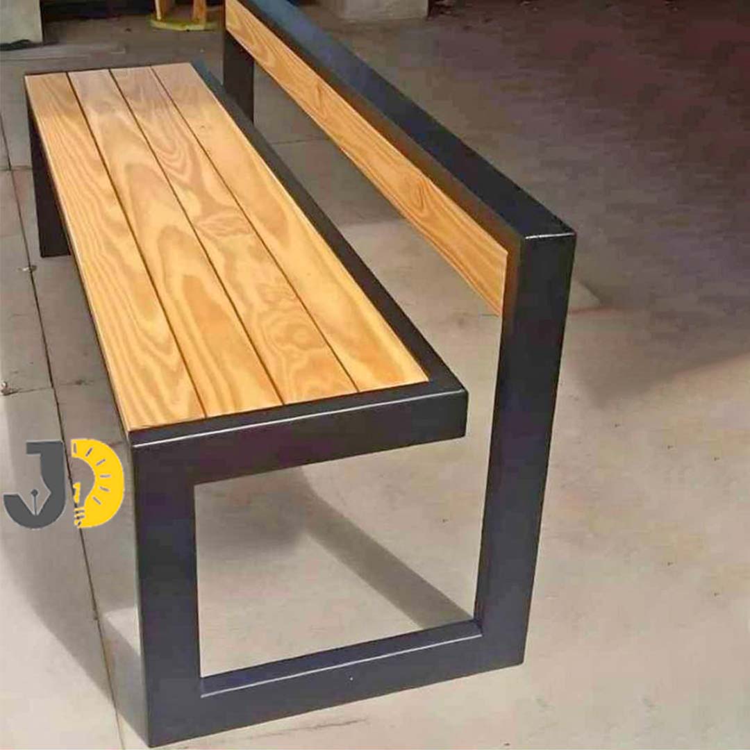 Modern Wood & Metal Bench with Backrest