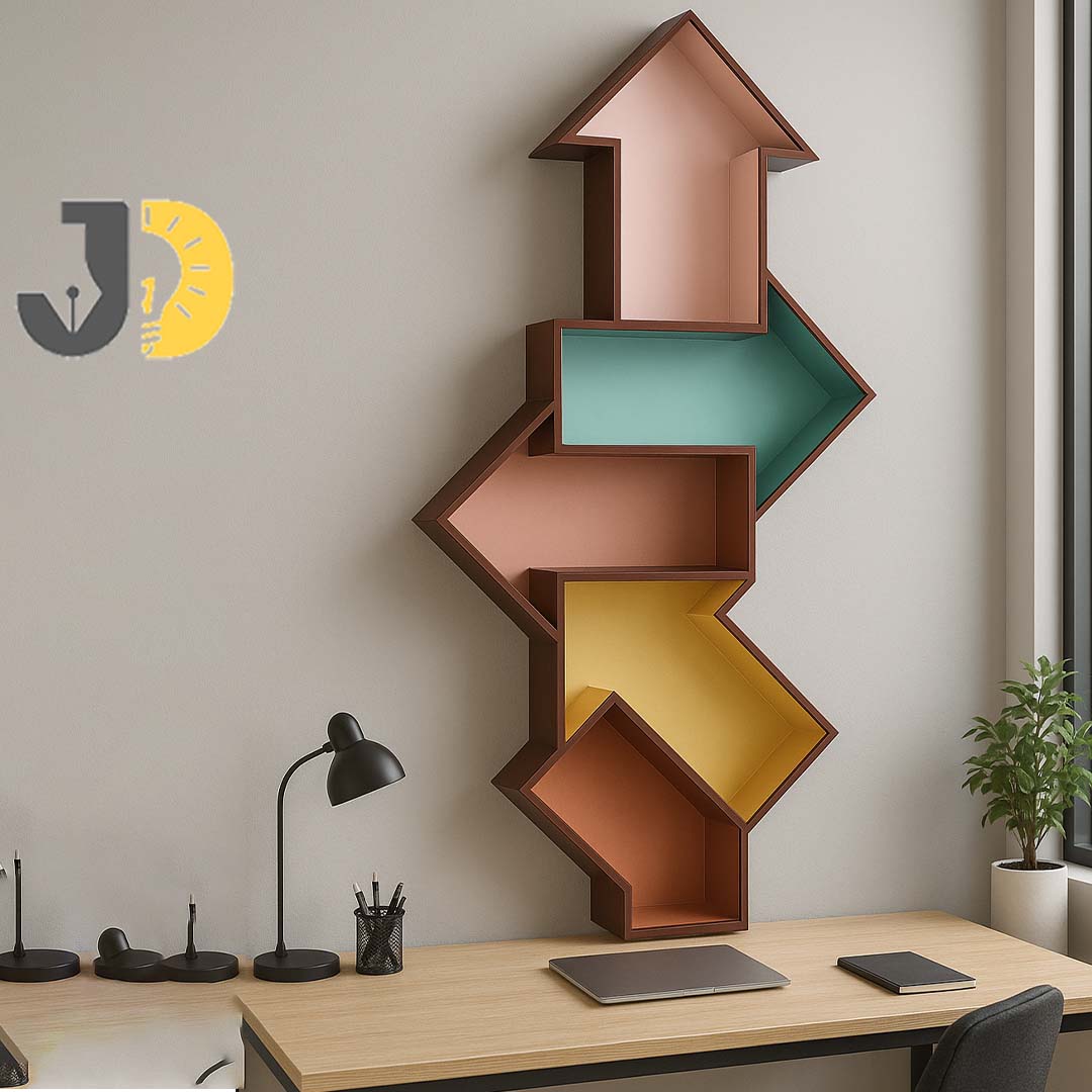 Colorful Arrow-Shaped Wooden Wall Shelf for Modern Offices