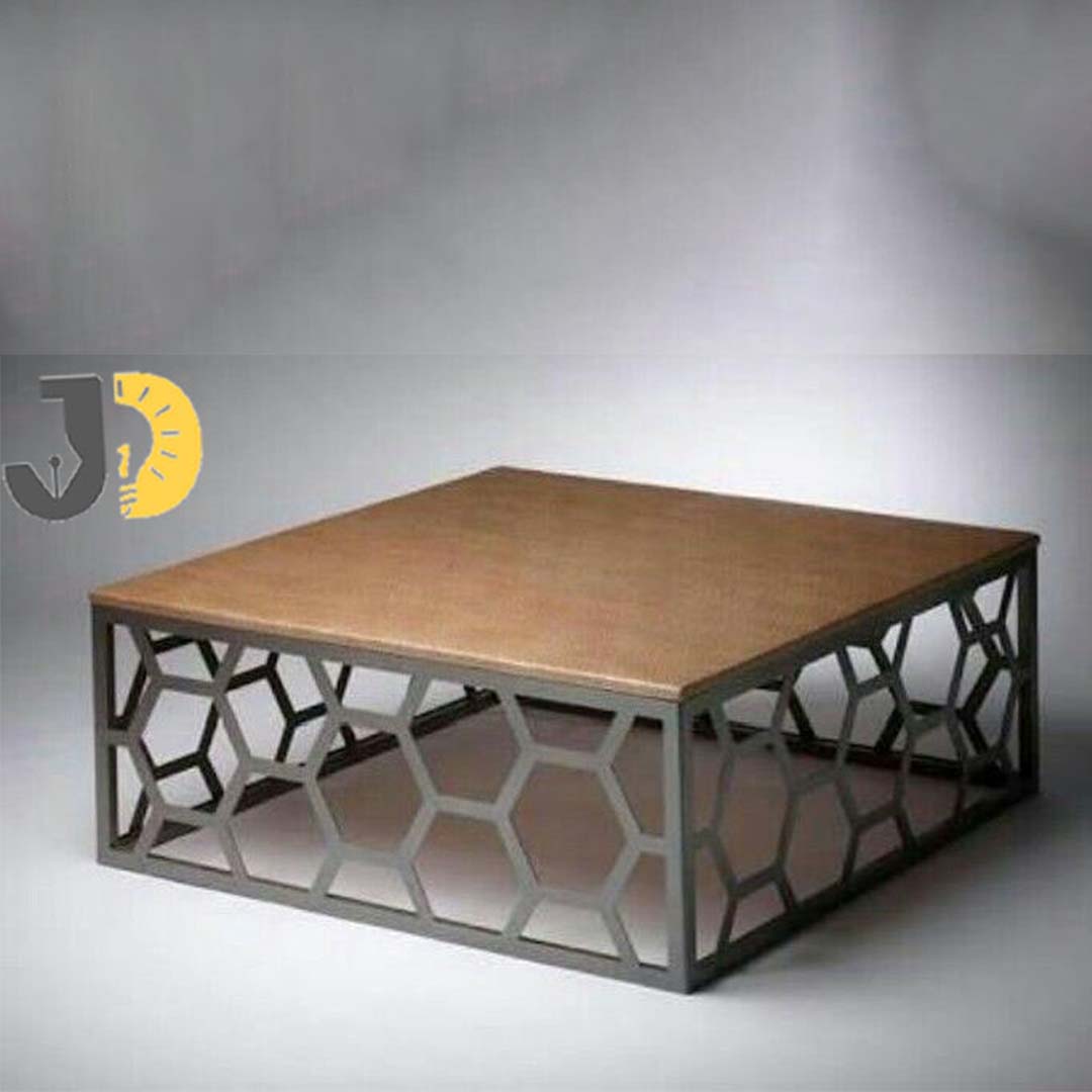 Square Wood and Metal Coffee Table with Geometric Design