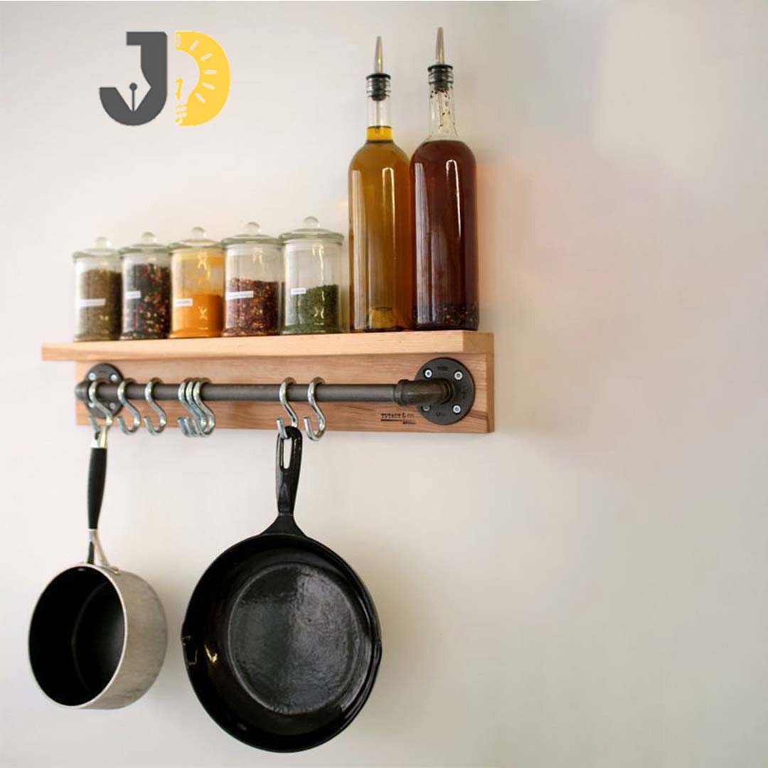 Wood and Metal Wall Shelf with Hooks for Kitchen