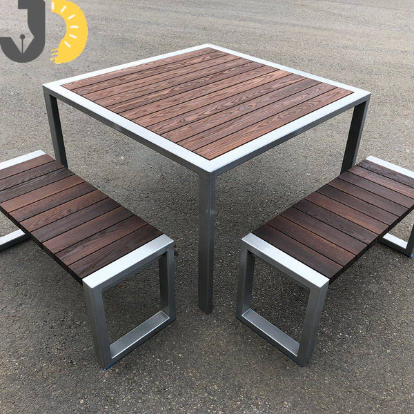 طقم طاولة ومقعدين من الخشب والمعدن باللون البني والرمادي | Brown and grey outdoor wooden and metal table set