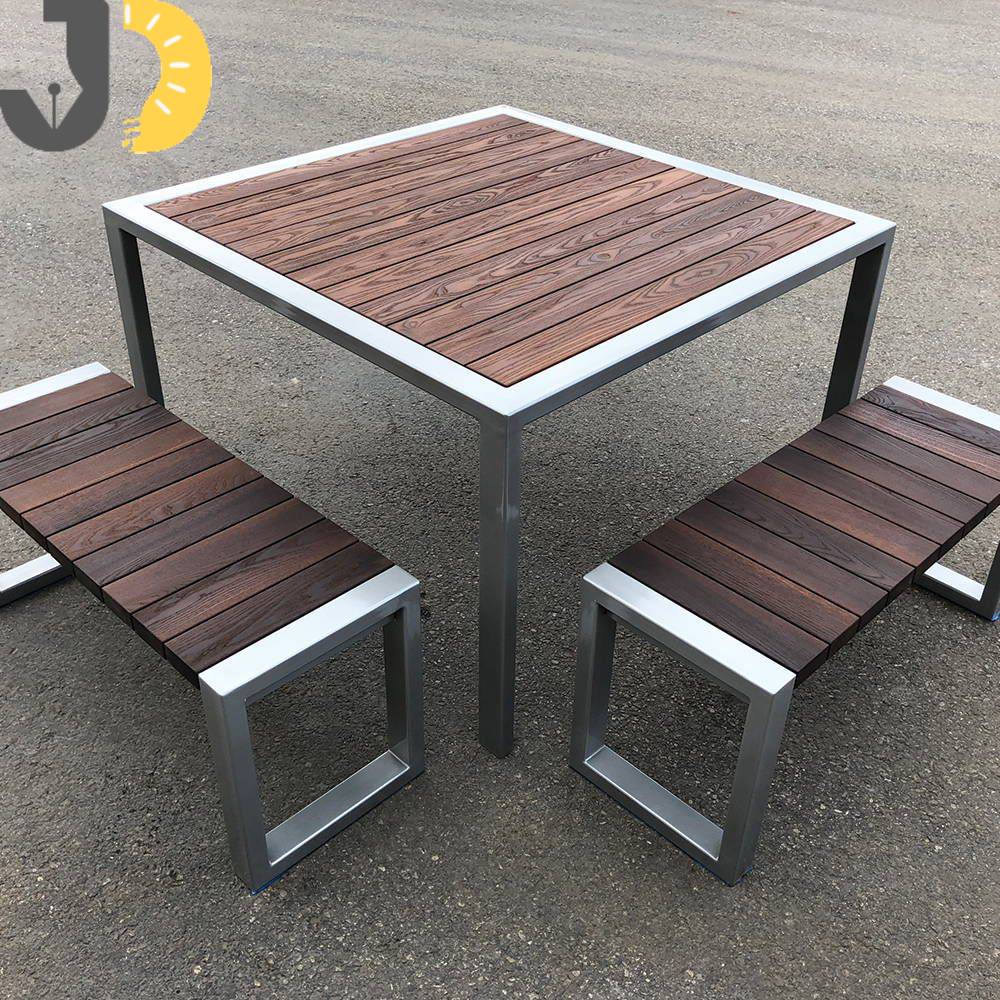 طقم طاولة ومقعدين من الخشب والمعدن باللون البني والرمادي | Brown and grey outdoor wooden and metal table set