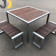 طقم طاولة ومقعدين من الخشب والمعدن باللون البني والرمادي | Brown and grey outdoor wooden and metal table set