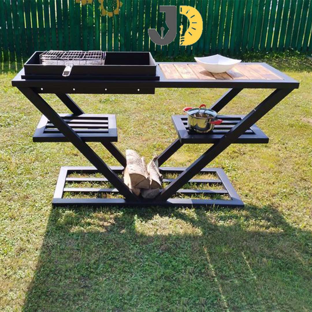 V-Shaped Outdoor Grill Table with Shelves