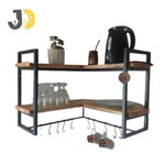 Load image into Gallery viewer, Wood and Metal Corner Wall Shelf with Hooks for Kitchen
