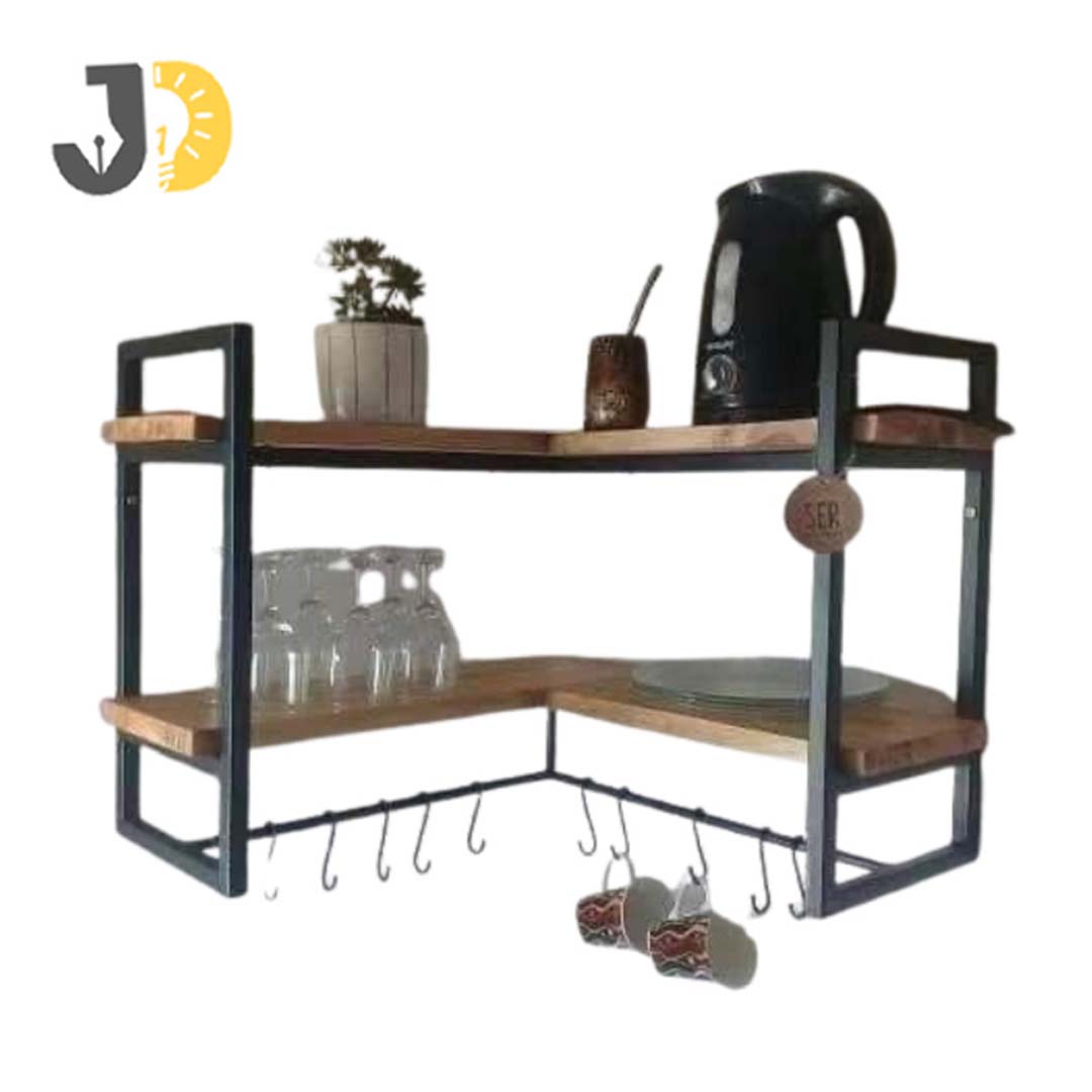 Wood and Metal Corner Wall Shelf with Hooks for Kitchen
