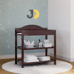 Load image into Gallery viewer, طاولة تغيير حفاضات خشبية بلون بني داكن بثلاثة رفوف تخزين – Dark brown wooden baby changing table with three storage shelves
