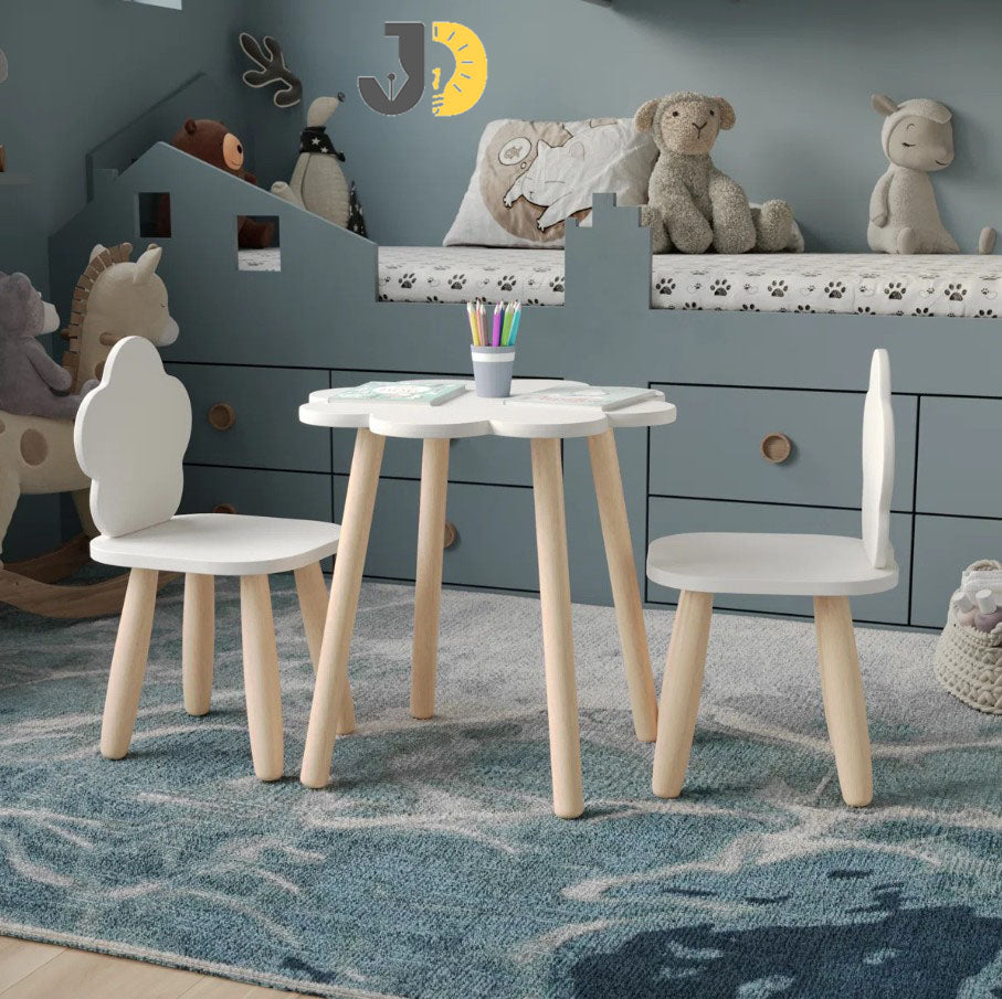 طقم طاولة وكراسي بتصميم سحابي بلون أبيض وأرجل خشبية طبيعية – Cloud-shaped kids table and chair set with natural wood legs