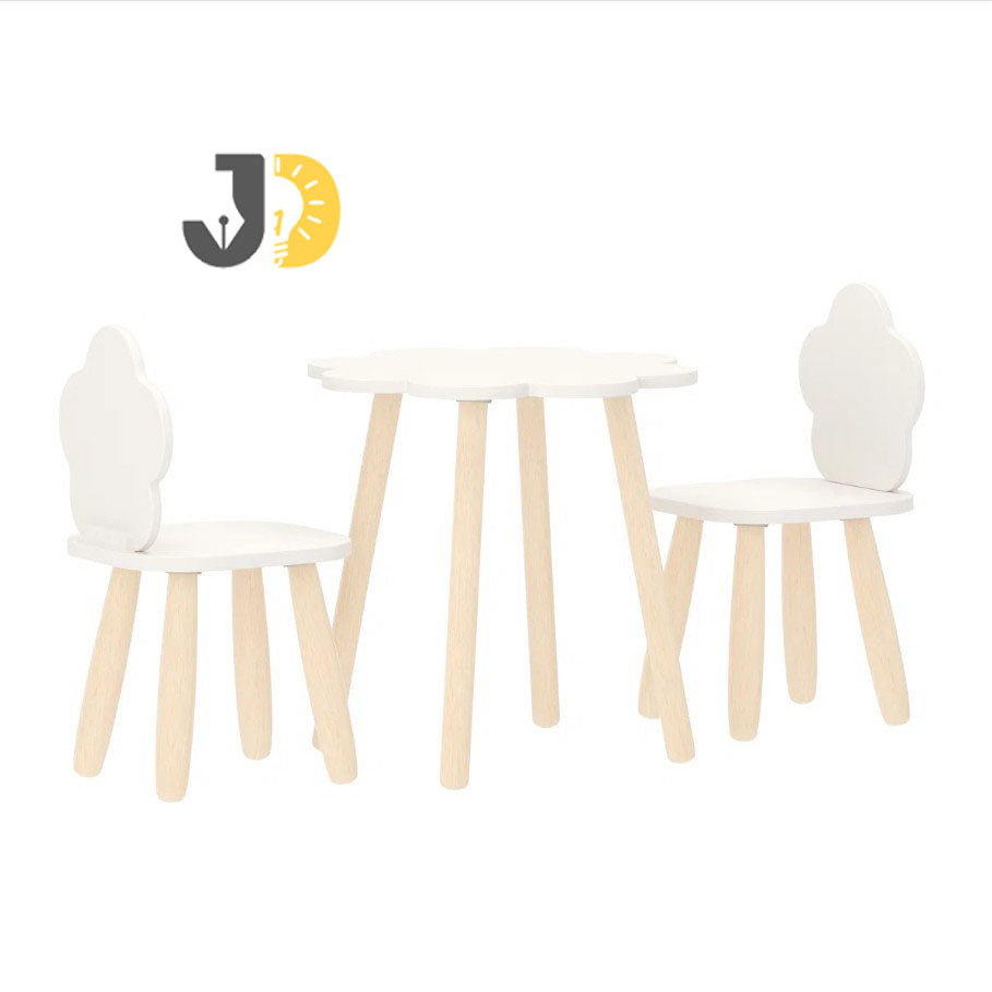 طقم طاولة وكراسي بتصميم سحابي بلون أبيض وأرجل خشبية طبيعية – Cloud-shaped kids table and chair set with natural wood legs