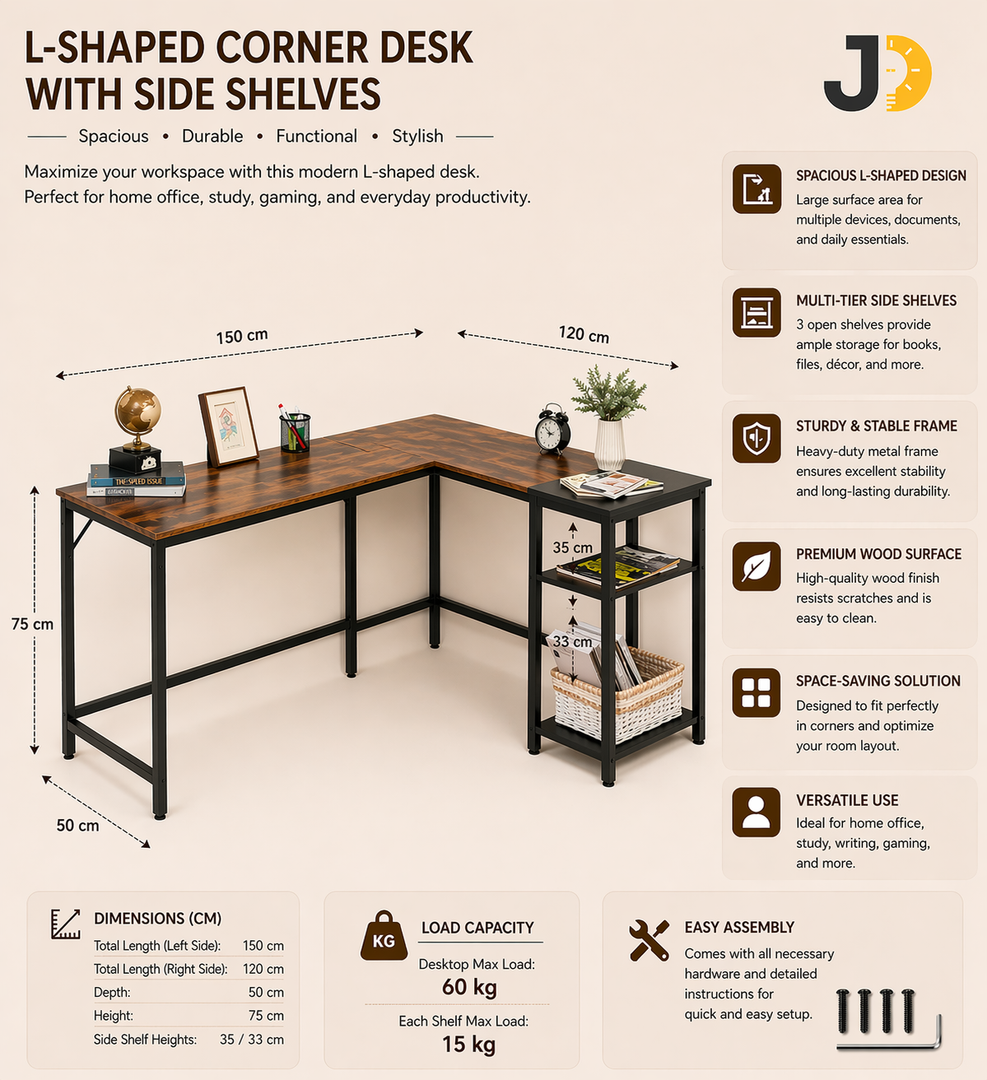 L-Shaped Corner Desk with Side Shelves