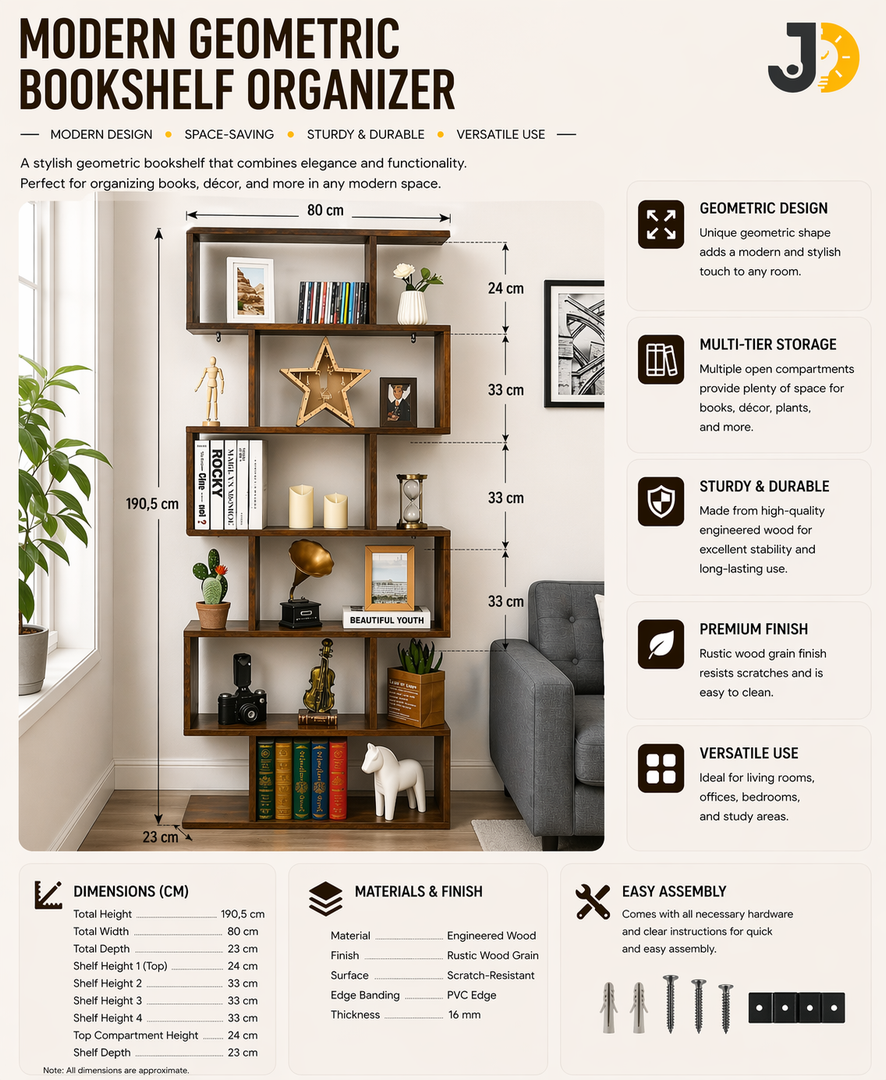 Modern Geometric Wooden Office Bookshelf Organizer
