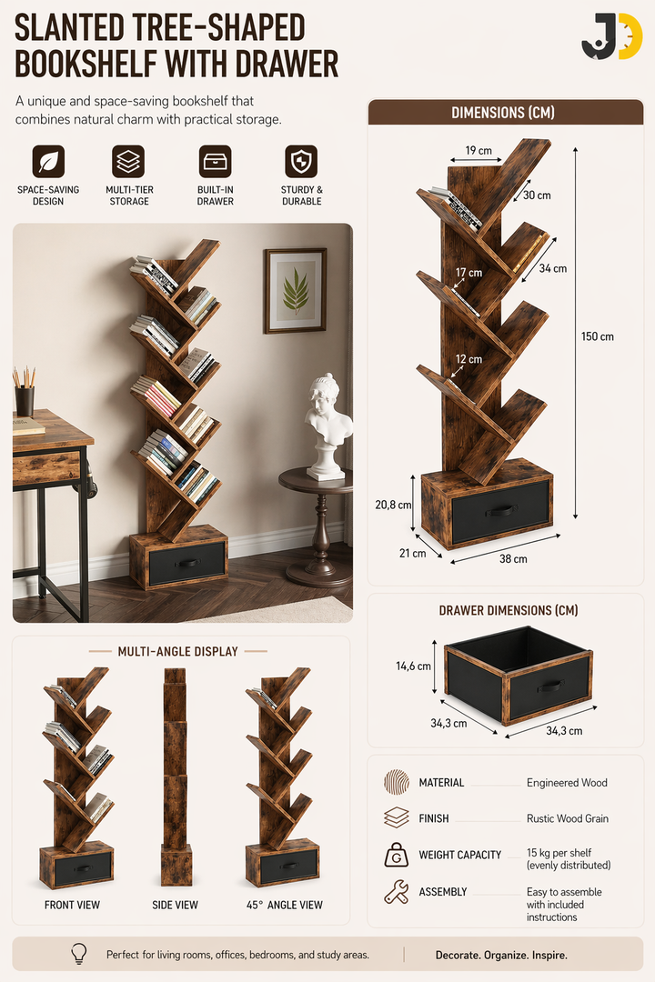 Slanted Tree-Shaped Wooden Office Bookshelf with Drawer