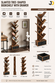 Slanted Tree-Shaped Wooden Office Bookshelf with Drawer