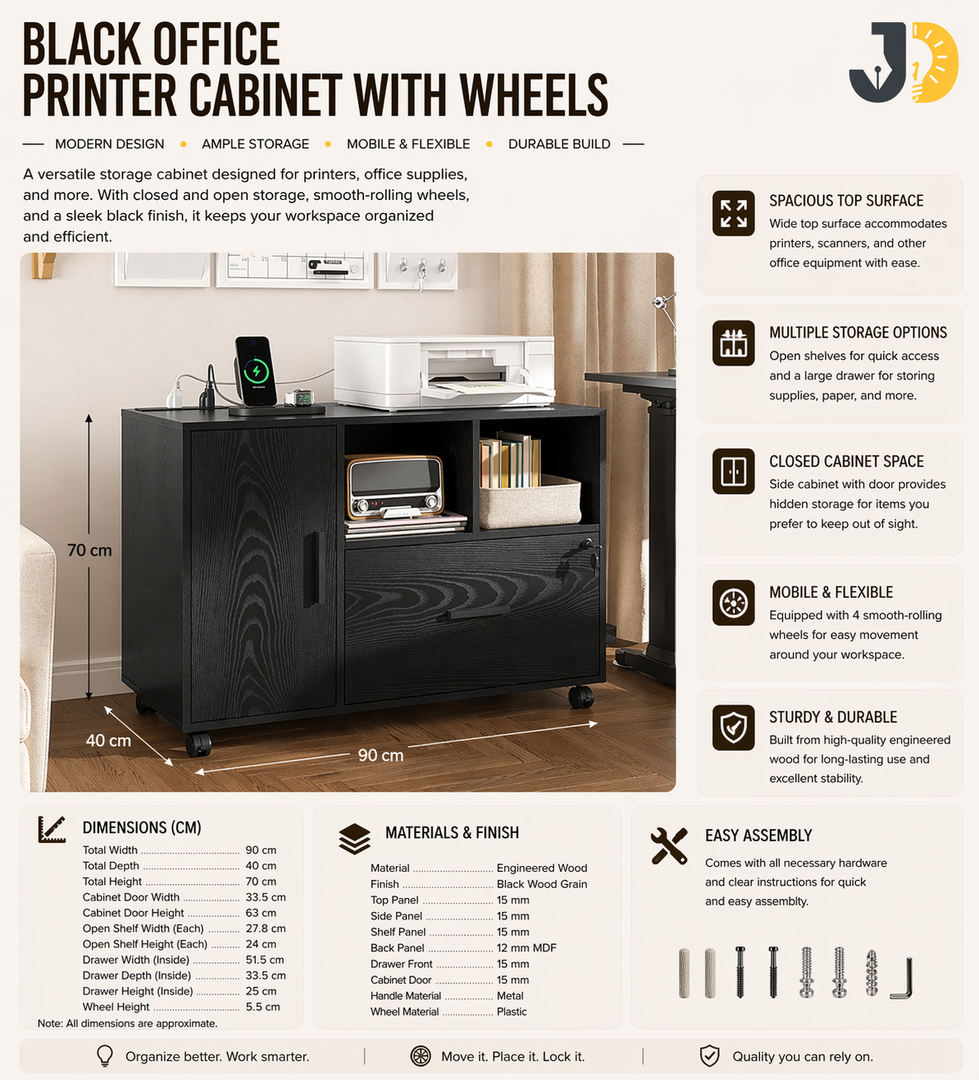 Black Office Printer Cabinet with Wheels