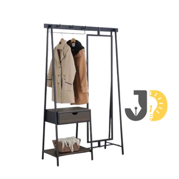 علاقة أنيقة بإطار معدني ومرآة طويلة مع درج تخزين عملي للمداخل الحديثة.
Modern metal coat rack with full-length mirror and practical storage drawer.