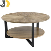 طاولة قهوة خشبية دائرية بسطح طبيعي ورف سفلي معدني
Round wooden coffee table with natural finish and bottom shelf