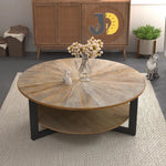 Load image into Gallery viewer, طاولة قهوة خشبية دائرية بسطح طبيعي ورف سفلي معدني
Round wooden coffee table with natural finish and bottom shelf
