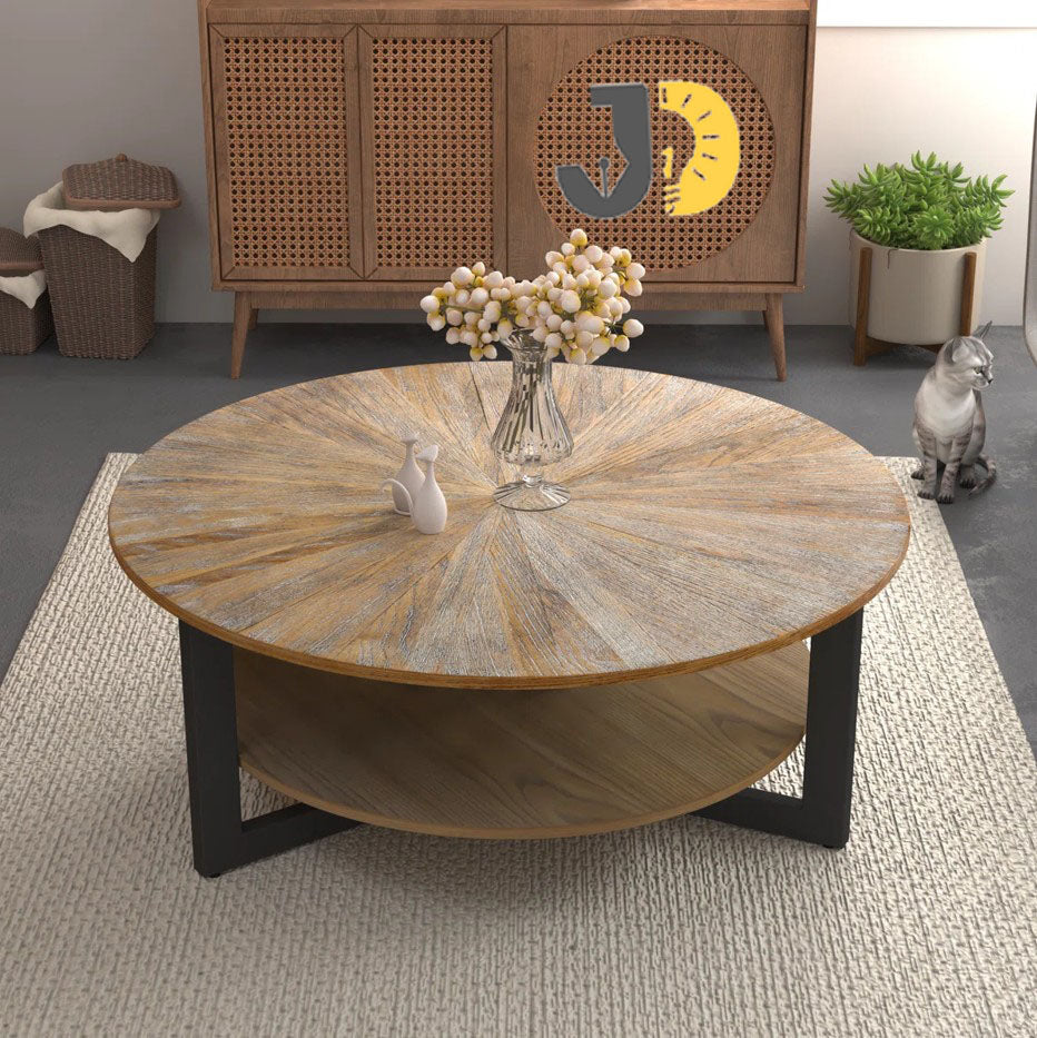 طاولة قهوة خشبية دائرية بسطح طبيعي ورف سفلي معدني
Round wooden coffee table with natural finish and bottom shelf