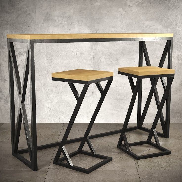 طقم طاولة وكرسيين من الخشب والمعدن بتصميم هندسي عصري
Modern geometric wood and metal bar table set with stools