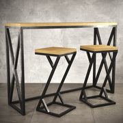 طقم طاولة وكرسيين من الخشب والمعدن بتصميم هندسي عصري
Modern geometric wood and metal bar table set with stools
