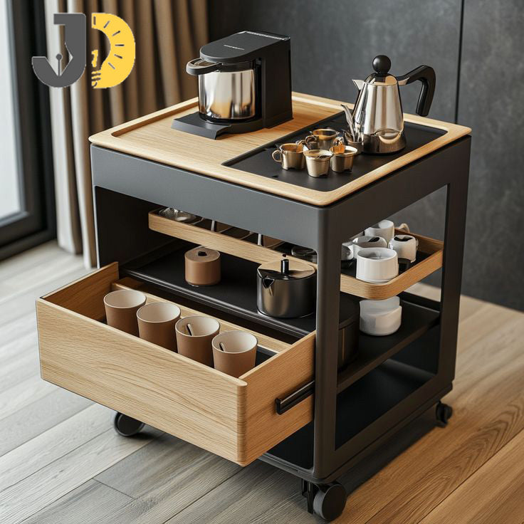 عربة قهوة أنيقة بتصميم خشبي معدني مع أدراج تخزين وعجلات، مثالية للمنازل والمكاتب الحديثة.
Modern wood and metal coffee cart with drawers and wheels — elegant, practical, and mobile.