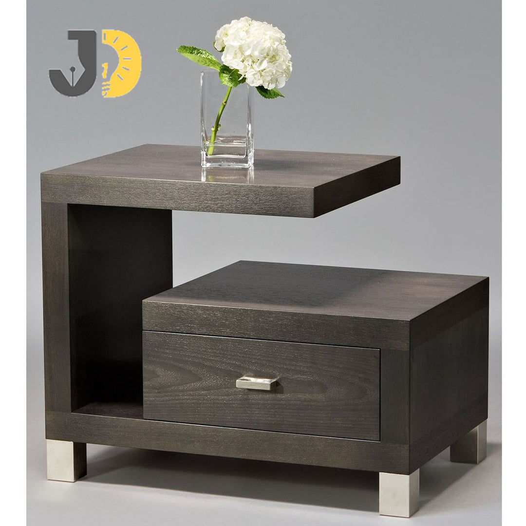 طاولة جانبية خشبية رمادية بتصميم هندسي ودرج تخزين
Modern gray wooden side table with drawer and geometric design