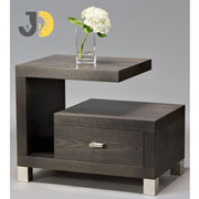 طاولة جانبية خشبية رمادية بتصميم هندسي ودرج تخزين
Modern gray wooden side table with drawer and geometric design
