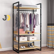 خزانة ملابس مفتوحة من الخشب والمعدن مع رفوف متعددة
Open wood and metal wardrobe with multiple shelves