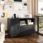 خزانة طابعة مكتبية سوداء بعجلات ورفوف مفتوحة
Black office printer cabinet with wheels and open shelves