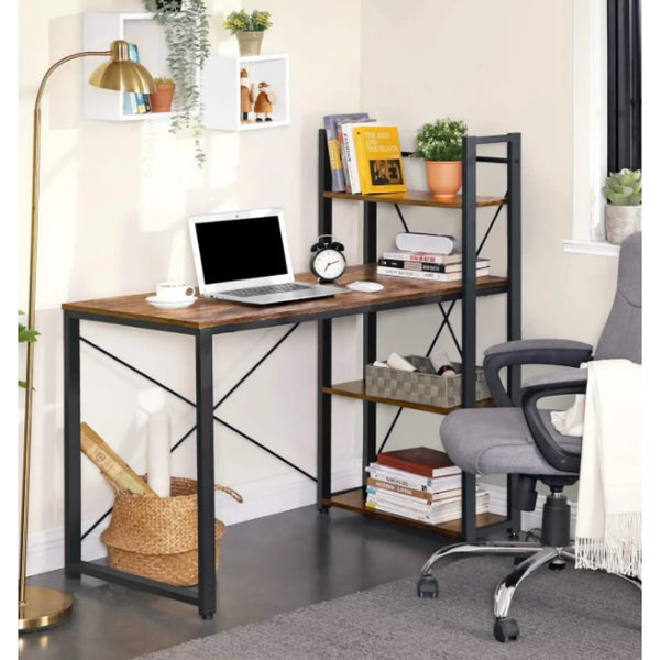 مكتب خشبي بإطار معدني ورفوف جانبية متعددة في مكتب منزلي عصري
Wood desk with metal frame and multi-tier side shelves in modern home office