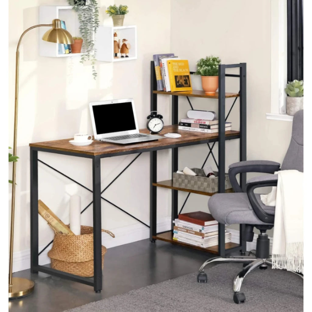 مكتب خشبي بإطار معدني ورفوف جانبية متعددة في مكتب منزلي عصري
Wood desk with metal frame and multi-tier side shelves in modern home office
