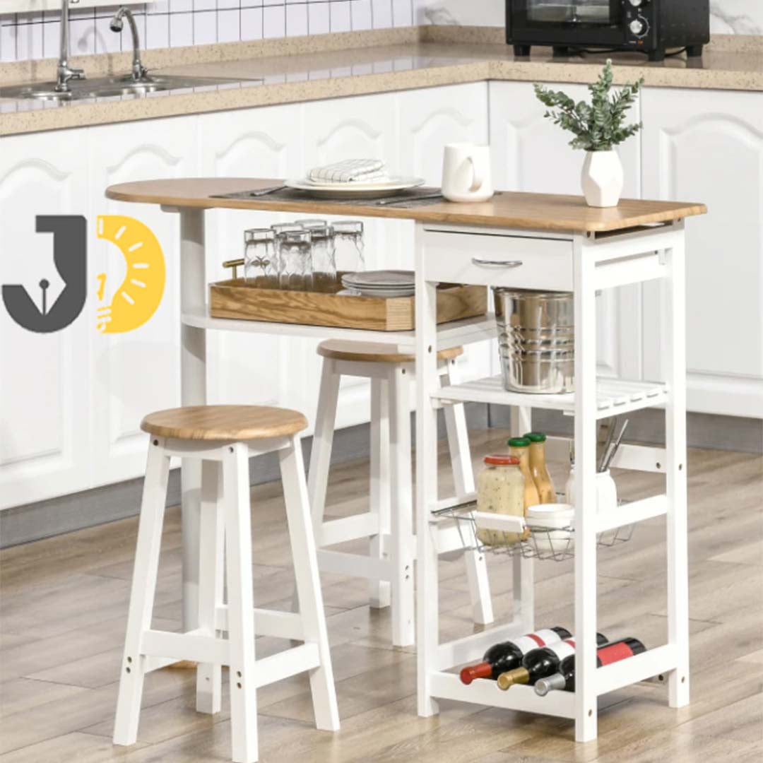 White Wood Bar Table Set with Shelves and 2 Stools