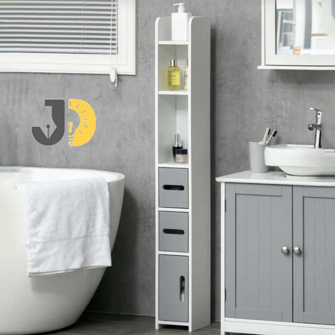 Slim Tall Bathroom Cabinet in White & Grey