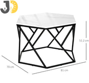 طاولة قهوة سداسية من الرخام والمعدن باللونين الأبيض والأسود
Hexagonal white marble and black metal coffee table